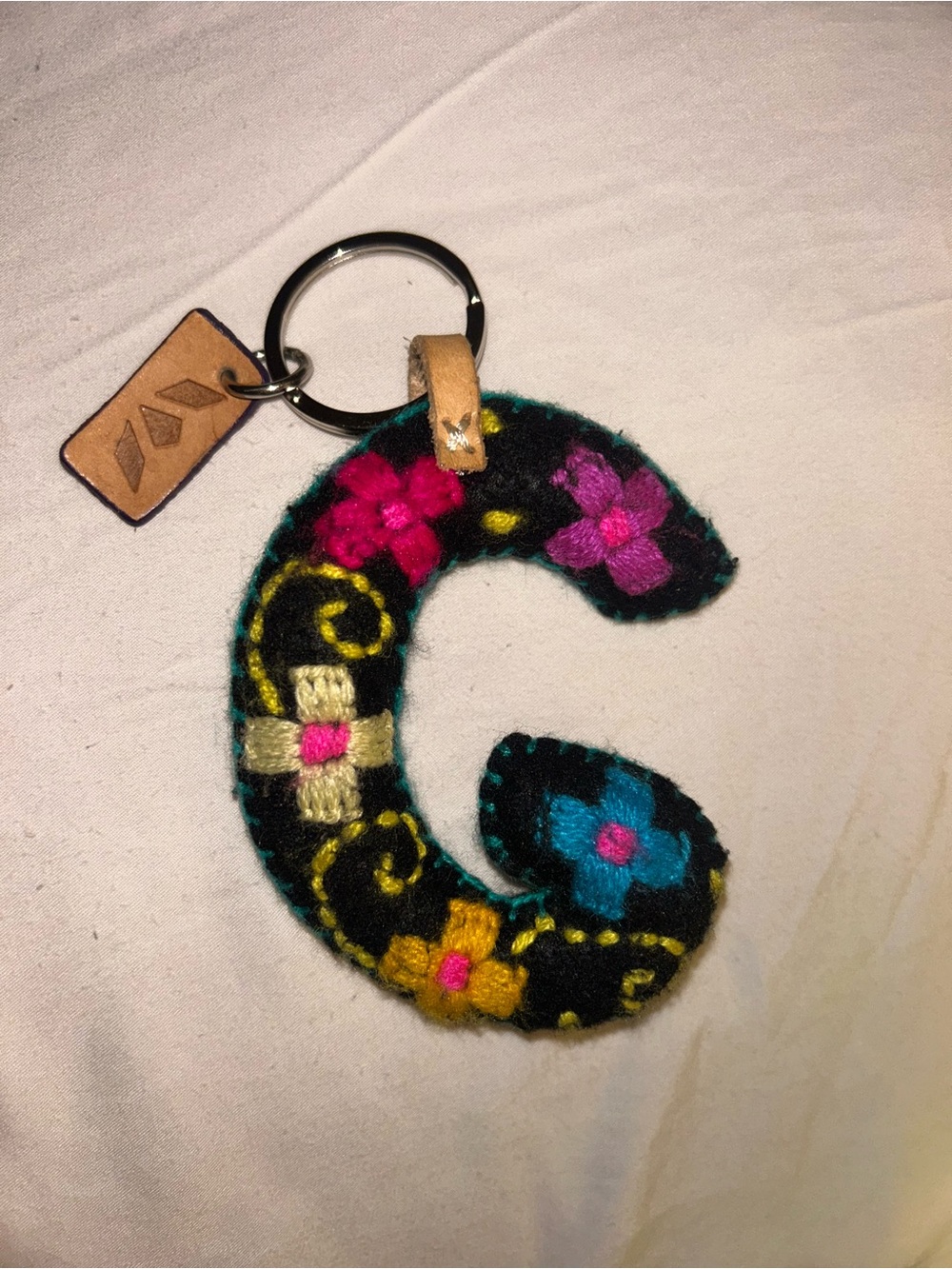 Consuela Embroidered Floral “G”Bag Charm/Keychain, Black